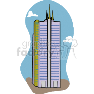 The image depicts a stylized illustration of city skyscrapers. You can see a tall central building with vertical lines representing windows, and a smaller structure attached to its side. Both feature distinctive pointed elements at the top, reminiscent of antennas or decorative spires. The background includes a representation of the sky and a couple of small clouds, suggesting an urban landscape. The image is designed in a cartoonish clipart style common for presentations, infographics, or educational materials.