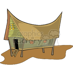 The image is a cartoon-style clipart of a whimsical structure that combines elements of a simple house and a tent. The base looks like a small shack or wooden house with a slanted roof and a ladder leading up to a door, while the top part resembles a large tent with curved edges, implying a soft, fabric material. The structure is sitting on what appears to be a patch of ground. It's not a realistic depiction of a building or real estate, but rather a playful, imaginative creation.