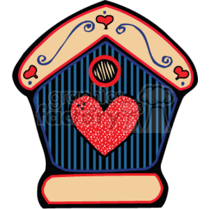 This is a clipart image of a stylized birdhouse. The birdhouse has a country-style design, featuring a large red heart in the center surrounded by blue vertical stripes. The roof and base of the birdhouse are beige, and there are decorative elements such as small red hearts and curlicues near the roof. There is also a circular opening near the top for birds to enter. The birdhouse has a charming and whimsical appearance, often associated with folk art or rustic decor.