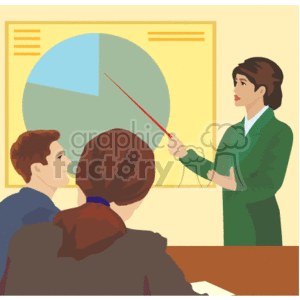 This is a clipart image depicting a business setting. There's a large pie chart on the wall, which the person standing is pointing to with a red pointer. This person appears to be giving a presentation or leading a discussion. There are at least two other individuals who are facing the presenter, likely listening to the explanation of the chart. They might be part of a team or attendees at a meeting. The setting suggests a focus on financial results, business analysis, or corporate strategy.