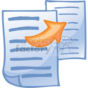 The clipart image depicts two sheets of paper with lines of text, indicating documents, and an orange arrow pointing from one document to the other. This typically symbolizes the transfer or movement of information from one document to another, such as copying or overwriting content. The keywords you've provided suggest this is related to business or office work, where handling and organizing documents and paperwork is a common task.