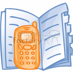 The clipart image depicts an open appointment book or schedule planner and a cell phone placed on top of it. This combination of items suggests organization and communication tools commonly used in a business office environment. The phone represents a means to make calls or contact colleagues, while the appointment book is likely used for keeping track of meetings, schedules, to-dos, and important dates.