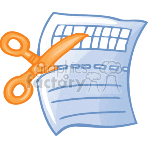 The clipart image depicts a pair of orange scissors cutting along a dotted line on what appears to be a coupon or voucher. The coupon has lines for writing and a torn edge design at the top, suggesting it may be part of a booklet or sheet of similar coupons. This image is typically used to represent discounts, savings, or the act of redeeming a coupon.