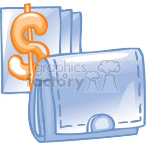 This is a clipart image featuring a gray wallet with papers or documents sticking out and a stylized orange dollar sign symbol, suggesting financial themes such as money management, business transactions, or personal finance. It's a simple, cartoon-like illustration commonly used in materials related to finance or business.