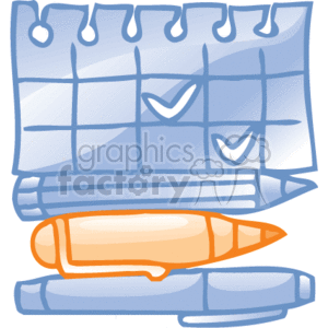The clipart image shows a calendar with a couple of checkmarks on certain dates, implying scheduled appointments or completed tasks. Below the calendar, there's an orange highlighter pen, suggesting planning or marking important dates or information. The theme of the image is consistent with business office supplies and work schedule management.