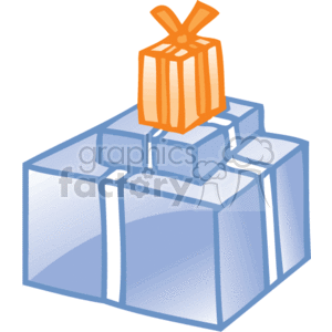 The image is a clipart depiction of two wrapped gift boxes. The larger box is on the bottom and appears to be wrapped in light blue paper with a darker blue ribbon. The smaller box, placed on top of the larger one, is wrapped in a similar style but includes an orange bow on top. Such images are often used to represent gifts, rewards, bonuses, celebrations, or the act of giving within various contexts, such as during holidays, employee recognition, or special occasions in both personal and business settings.