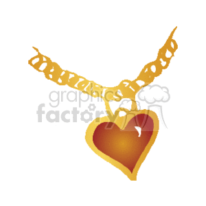 The image is a graphic representation of a golden heart-shaped pendant on a chain. The pendant appears to be stylized and has a smooth, glossy appearance, suggesting it is made of a precious metal. The chain has a series of interconnected links, and it suspends the heart pendant centrally.