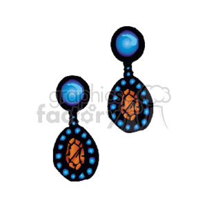 The clipart image shows a pair of dangle earrings. These earrings feature a teardrop design with blue borders adorned with smaller circle details and a central orange gemstone, topped with a round blue stud.