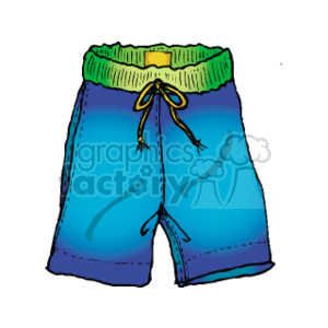 The image shows a pair of illustrated men's swim shorts. They are blue with what appears to be a green waistband and a yellow drawstring.