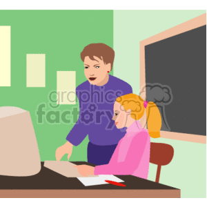 This clipart image depicts a classroom setting where a teacher is standing beside a student who is sitting at a desk and appears to be concentrating on an assignment or a task. The student has some papers in front of her and a pen in hand, suggesting that she might be writing or working on homework. The teacher is observing or assisting the student. There is a chalkboard in the background, reinforcing that this is a learning environment.