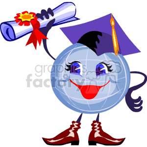 Cartoon globe wearing a cap and holding a diploma