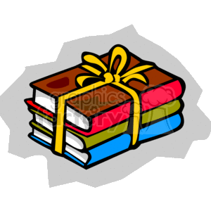 The image depicts a stack of colorful books tied together with a yellow ribbon, resembling a gift. The books appear to be of different sizes, with variously colored covers, possibly indicative of a variety of subjects or topics.