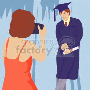 The image depicts a graduation scene where a person in a blue cap and gown is holding a diploma and posing for a photograph, which is being taken by another person with a camera. The background suggests it could be an indoor space decorated for the occasion.
