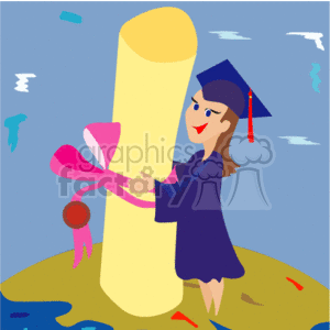 The clipart image depicts a female cartoon graduate standing on a stylized version of the Earth. She is wearing a cap and gown and is happily holding a large diploma scroll tied with a pink ribbon. The background is a blue sky with white clouds, and there are small representations of various continents on the Earth. Confetti and streamers are scattered around the ground, suggesting a celebratory atmosphere.