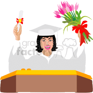 The clipart image depicts a person celebrating graduation. They are wearing a graduation cap and gown, holding a diploma in one hand and a bouquet of flowers in the other. They are standing behind a podium with a joyous expression on their face.