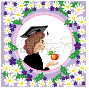 The clipart image features a profile view of a graduate with a mortarboard cap holding an apple. Surrounding the graduate is a circular frame adorned with various flowers, including daisies, and there are small blue and red accents among the flowers. The background outside the floral frame is purple, and the scene is suggestive of graduation and education themes.