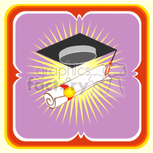 The clipart image shows a graduation cap (also known as a mortarboard) above a diploma, which is tied with a red ribbon and has a gold seal. The background includes radiant yellow beams, which suggest a sense of celebration or achievement. The image is surrounded by a rounded square border with a purple and orange gradient.