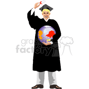 This clipart image depicts a person celebrating graduation. The person is wearing a black cap and gown, which is traditional attire for graduation ceremonies. They are smiling happily and holding up a diploma in their left hand, while cradling a stylized globe in their right arm. The image conveys a sense of achievement and readiness to take on the world after completing an educational milestone.