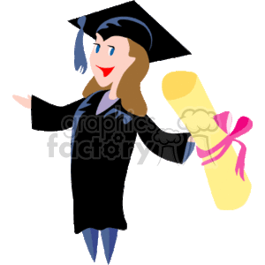 The image features a cartoon of a happy graduate wearing a graduation cap and gown, holding a diploma tied with a pink ribbon. The graduate appears to be celebrating an academic achievement.