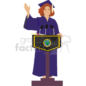 The clipart image depicts a person smiling and waving, dressed in a graduation cap and gown. The individual is standing behind a podium which has an emblem on its front, and it appears that they are giving a speech or participating in a graduation ceremony.