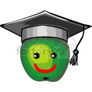 The clipart image features an anthropomorphized green apple with a face, smiling and wearing a black graduation cap (mortarboard) with a tassel.