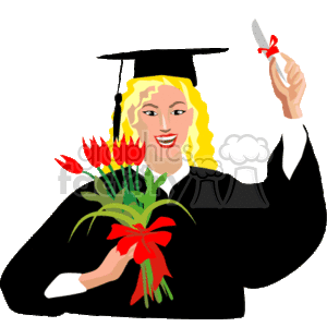The clipart image depicts a graduate, wearing a graduation cap (mortarboard) and gown, holding a diploma in one hand and a bouquet of red flowers, which is tied with a ribbon, in the other hand. The graduate is smiling, suggesting a sense of achievement and celebration associated with graduation ceremonies.