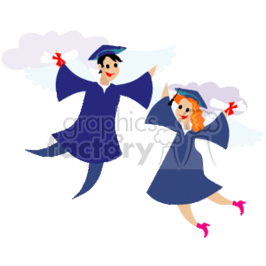The clipart image depicts two cartoon characters celebrating their graduation. The characters are shown wearing graduation gowns and caps, with one character on the left and the other on the right. Both are holding their diplomas tied with red ribbons, and they appear to be jumping or floating joyfully in the air with big smiles on their faces, indicating their happiness and the celebratory nature of the event.