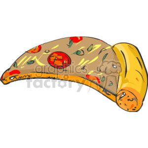 The clipart image features a cartoon-style illustration of a slice of pizza. There are several toppings visible on the pizza, which could include items like pepperoni, green peppers, and possibly onions or other seasonings.