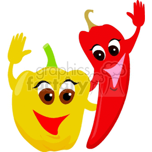 happy cartoon yellow bell and red cayenne peppers