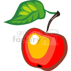 The clipart image depicts a stylized red apple with a green leaf on top and a brown stem. The apple has a visible yellow highlight which gives it a three-dimensional effect.