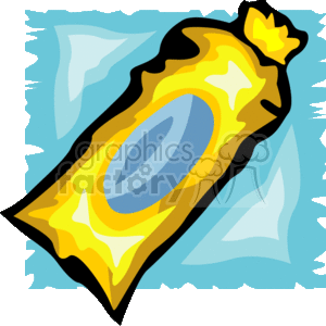 The image is a colorful clipart illustration of a closed bag of popcorn. The bag is predominantly yellow, suggesting it could be butter-flavored, with accents of blue and white stars, indicating a possibly vibrant or explosive taste. The design gives the impression of a typical snack found at a movie theater or consumed during leisure activities.
