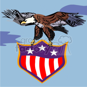 The clipart image features a bald eagle in front of a stylized shield symbol with a color scheme reminiscent of the United States flag. The shield has a blue top portion with white stars, and red and white stripes beneath. The eagle appears to be in flight with its wings raised, and the background is a gradient of blue, possibly representing the sky.