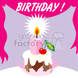 The clipart image depicts a celebratory scene with a birthday cake. The cake is pink with white frosting and a chocolate layer, adorned with a single lit candle and a red cherry with a green leaf on top. The background is a two-tone pink with the word BIRTHDAY! written in bold, stylized text at the top. The image conveys a festive mood commonly associated with birthdays, holidays, and anniversaries.