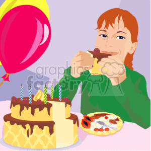 This clipart image features a birthday celebration setting. There's a young person with reddish hair wearing a green shirt, smiling while holding a piece of cake. In front of them is a larger birthday cake with lit candles on top, indicating a birthday occasion. Also visible is a plate with what appears to be cookies or small treats decorated with berries. A colorful balloon floats in the background, adding to the festive atmosphere typical of birthdays or parties.