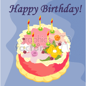 The image depicts a colorful birthday cake with lit candles on top. The cake is decorated with what appears to be icing, flowers, and fruit. At the top of the image, the words Happy Birthday! are prominently displayed.