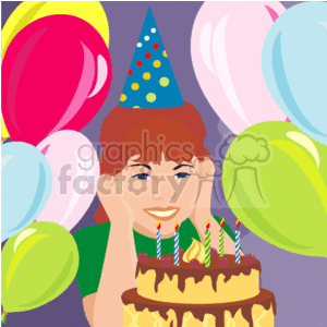 This clipart image features a smiling person with a birthday hat, a birthday cake with candles in front of them, and colorful balloons in the background.