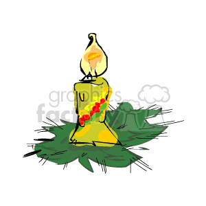 The image is a clipart of a yellow Christmas candle with a bright flame on top. The candle is decorated with a red and yellow holly berry design and is set upon green holly leaves, which are commonly associated with Christmas decorations.