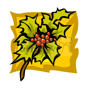 This clipart image features a bunch of bright red holly berries in the center, surrounded by dark green holly leaves with prickly edges, all set against a golden-yellow backdrop that could represent a piece of wrapping or decoration paper.