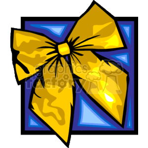 The clipart image shows a stylized yellow Christmas bow with a central knot and multiple loops, giving it a festive appearance typical for holiday decorations. The bow is overlaying what seems to be a portion of a blue gift or present, indicated by the presence of blue corners, possibly the wrapping paper. The bow has hints of shading and highlights, giving it a somewhat three-dimensional look.