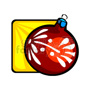 The clipart image depicts a red Christmas ornament, typically used to decorate a Christmas tree during the holiday season. The ornament has a shiny appearance with white decorative details on it. It's attached to a small blue cap with a loop for hanging, and there's a subtle yellow glow behind it, suggesting a festive light or sparkle.