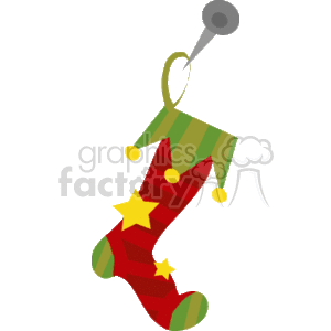 The image features a red Christmas stocking with yellow stars on it, hanging from a green cuff with circular golden accents (possibly representing small bells or pompoms) at the tip of the cuff. The stocking is hung by a hook or a pin.