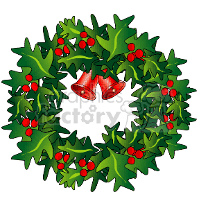The image displays a traditional Christmas wreath made up of green holly leaves with clusters of red berries. In the center of the wreath, there is a pair of red jingle bells tied together with a red bow.