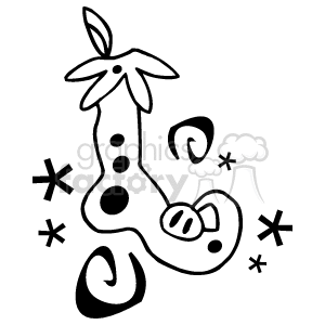The image is a black and white clipart featuring a stylized Christmas stocking. The stocking is decorated with spots and has an attached stylized leaf or holly berry sprig at the top. There are also snowflakes and swirl patterns scattered around the stocking, suggesting a wintry or holiday theme.