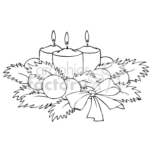 The clipart image depicts a Christmas-themed centerpiece with three lit candles, pine branches, pinecones, and a ribbon. It is a stylized black and white line drawing, suitable for coloring or graphic design elements.