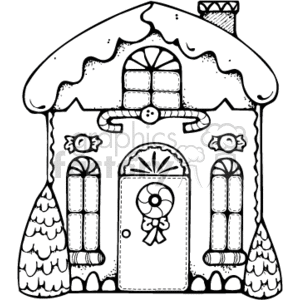 This clipart image features a country-style gingerbread house which is decorated for Christmas. Key elements include candy cane motifs, frosting or icing details, and a festive overall design. The outlines and the decorative aspects are akin to popular holiday decorations and treats.