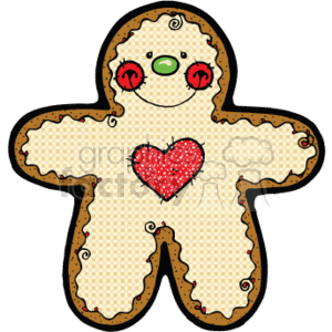 The clipart image depicts a country-style gingerbread man cookie. Key characteristics of this image include that the cookie has a happy face with green circular eyes and red circular cheeks, and there's a large red heart in the middle of the chest area. The edges of the gingerbread man appear to have icing details suggesting a traditional Christmas cookie decoration.