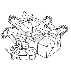 The image shows a number of gift presents typically associated with Christmas or holiday celebrations. The presents are depicted as wrapped boxes with ribbons, and some have bows on top. The style of the image is a black and white line drawing, akin to a coloring book illustration or clipart design for festive occasions.