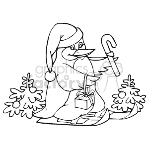 The clipart image depicts a penguin adorned with a Santa hat, holding a candy cane, and carrying a gift. The penguin is skiing downhill between two small Christmas trees.