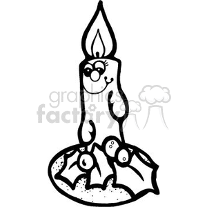 The clipart image features a cheerful-looking candle with a lit flame, a smiling face, and what appear to be arms, suggesting a playful anthropomorphization. Around the base of the candle are holly leaves and berries, which are traditional decorative elements associated with the Christmas season.