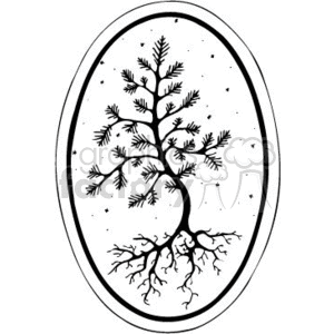 The image depicts a simplistic tree with branches and roots contained within an oval border. It's a black and white illustration that appears to be a stylized representation of a tree, with a focus on its branches extending upwards and roots reaching down.
